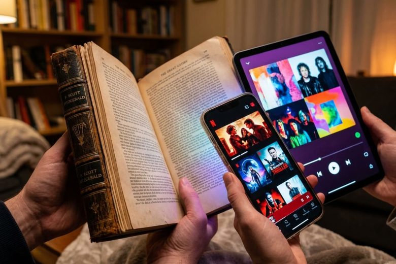 Ein altes Buch und zwei moderne Smartphones.